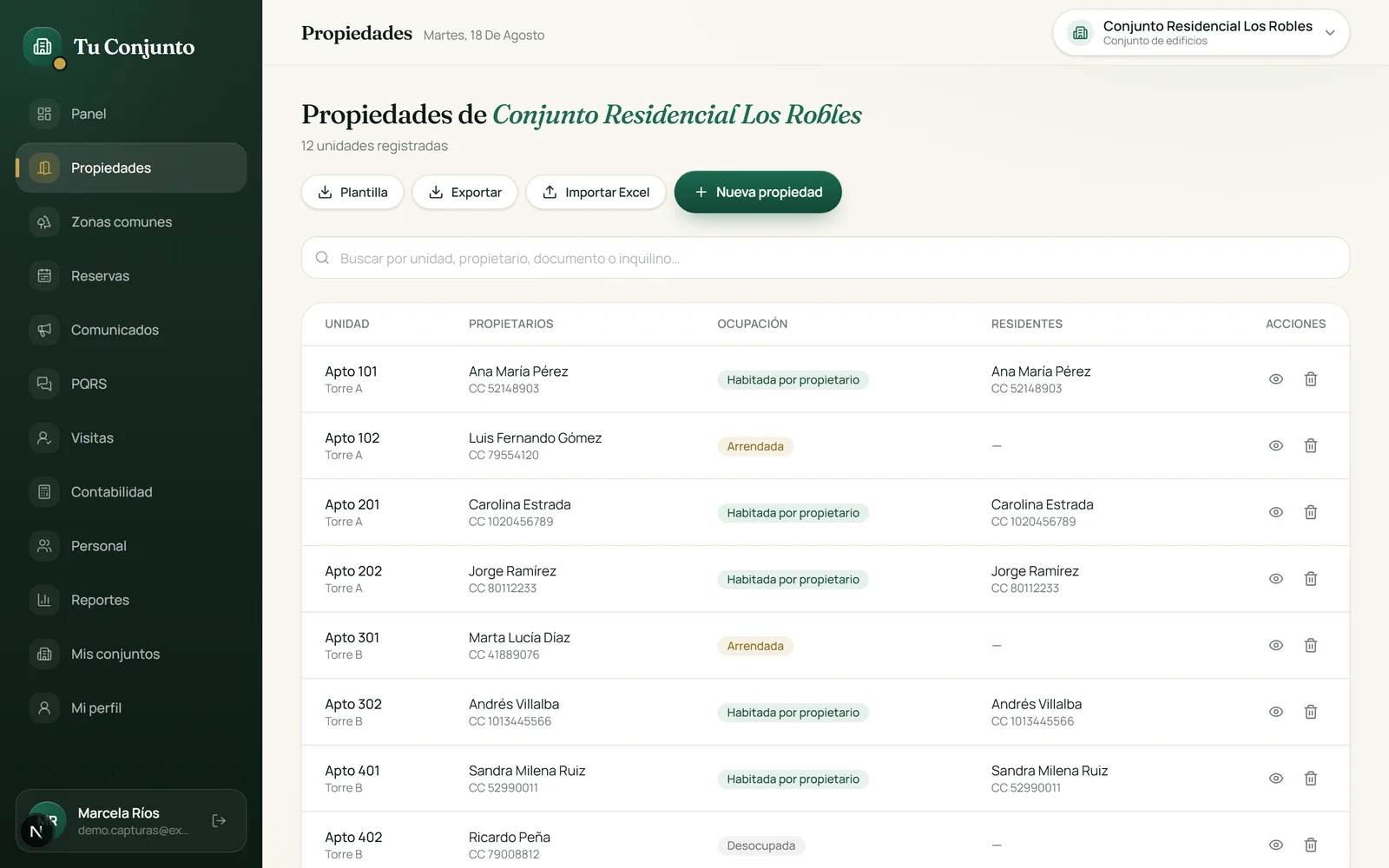 Listado de propiedades con sus propietarios y su ocupación
